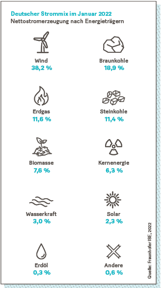Grafik: Deutscher Strommix im Januar 2022 - Nettostromerzeugung nach Energieträgern.