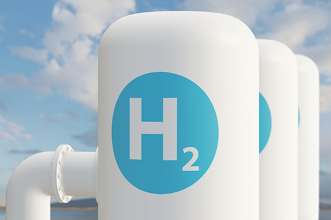 Zwei weiße Wasserstoffspeicher mit dem chemischen Wasserstoffsymbol in hellblau.